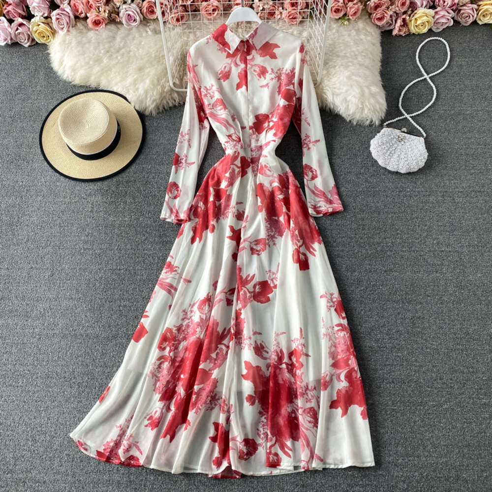 Gentle Style Large Swing Shirt Neck Dress Ink Painted Print Temperament Slim Fit Long Skirt Sexy Dress Loose Bifurcated Sexy SKINNY DRESS High Waist D