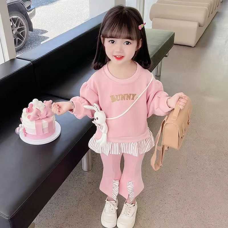 Clothing Sets Girls Spring and Autumn Fashion Western Long sleeved Set New Little Girl Pure Cotton Sweater Flare Pants Casual Two Piece Set