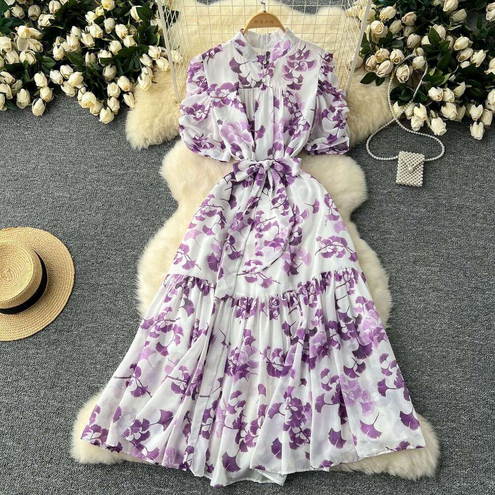 Summer Design Feeling Pleated Bubble Sleeve Dress Women with Waist Cinching Strap for Slimming Temperament, Ruffle Edge Printed Chiffon Skirt Oversize