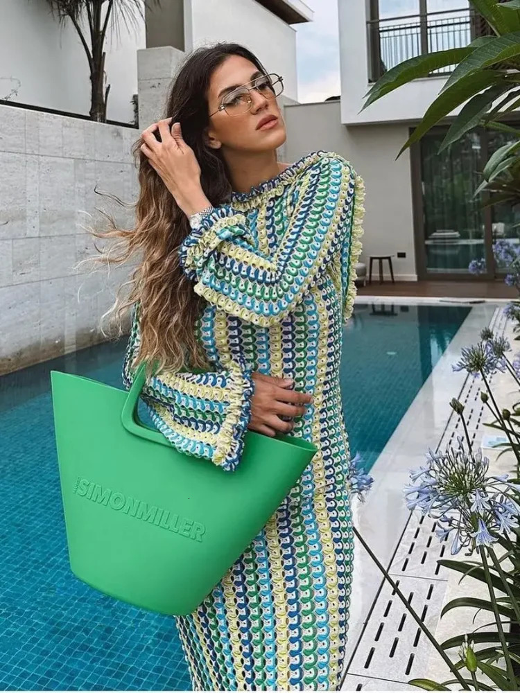 Stripped Knitted O-neck Short Sleeve Midi Dresses Female Crochet Bodycon Vestido Women Fashion Casual Chic Beach Street Robe 240715