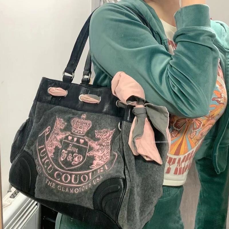 Y2K Vintage Fashionable Hot Girl Hit Color Texture Veet Embroidery Large-Capacity Shoulder Tote Female Kawaii Purse Chic Bag 4
