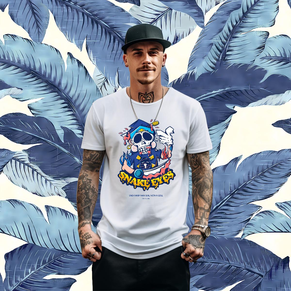2024 Summer Man T Shirts Skeleton 100% Cotton 230g Floral Print Home Outdoor Men Tops Tees Breathable Short Sleeve Classic