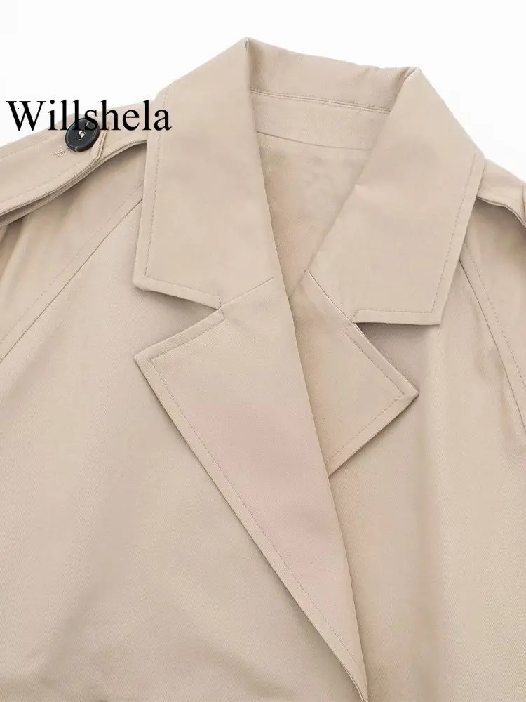 Willshela Women Fashion With Belt Cropped Trench Jacket Vintage Notched Neck Long Sleeve Female Chic Lady Coat Outfits 240716