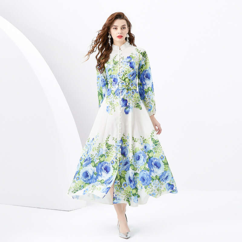 Ladies 2024 Spring/summer - Vacation Style Stand Up Collar Single Breasted Printed Wide Swing Long Dress Self-cultivation Sexy Loose BOHO DRESS Denim 