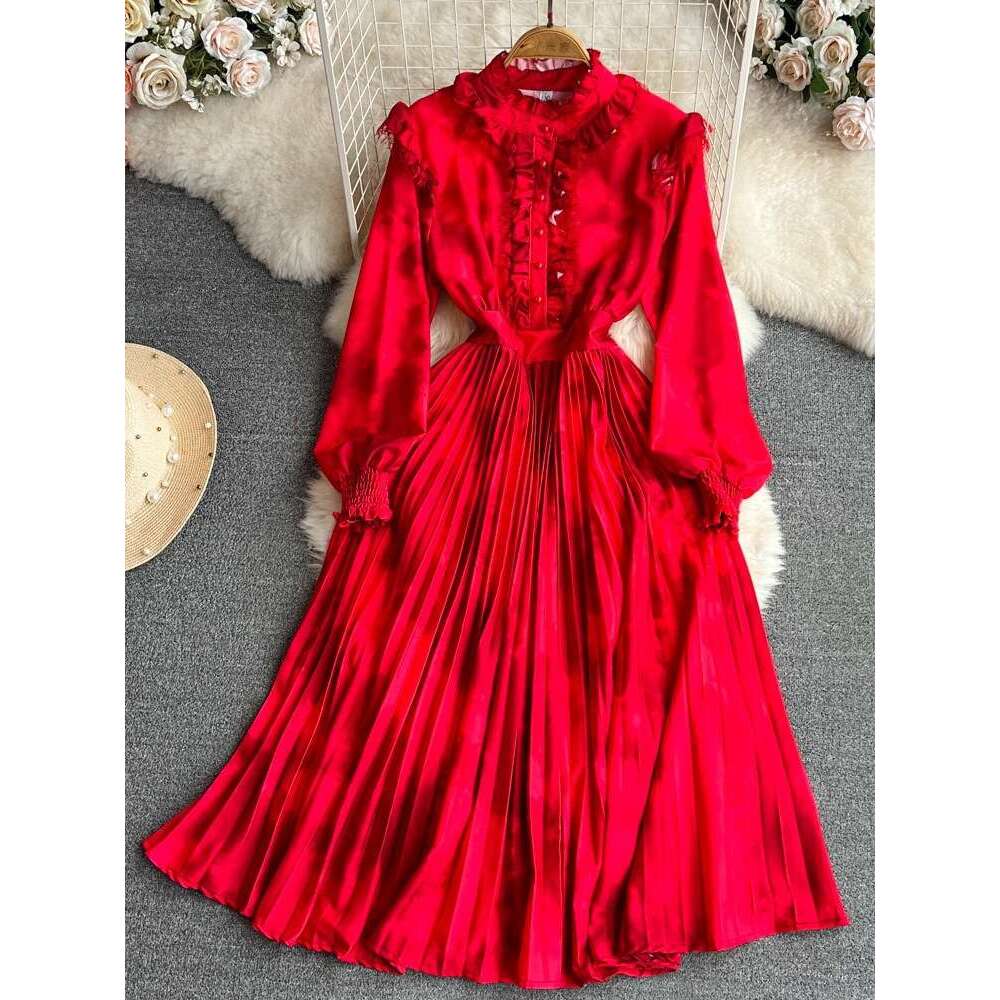 High End Lantern Long Sleeved Stand Up Collar with Ruffled Edges That Wrap Around the Waist for A Slimming Effect. A-line Halo Dye Printed Pleated Dre