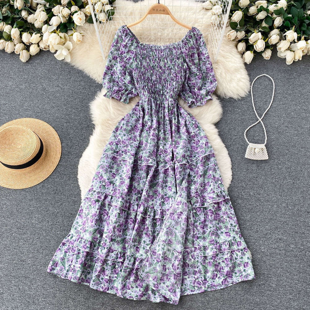 Korean Version of Chic Style Fairy Sweet Slim Fit Square Neck Bubble Sleeve Floral Dress Super Immortal Temperament A-line Skirt Pregnant Womens Dress