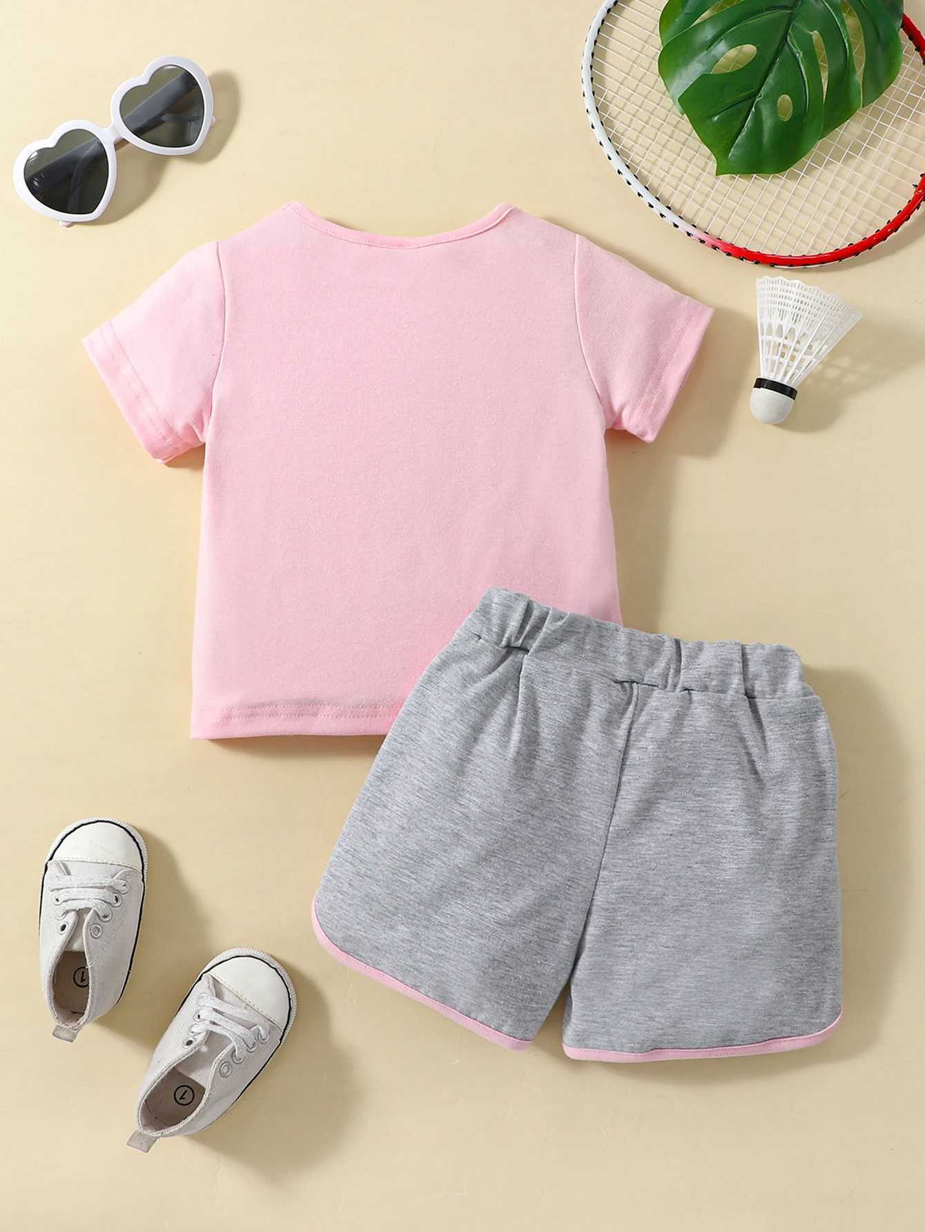 Clothing Sets Baby Girls Heart Print Top Contrast Binding Track Shorts 2Pcs Sets Infant Newborn Casual Summer Clothes