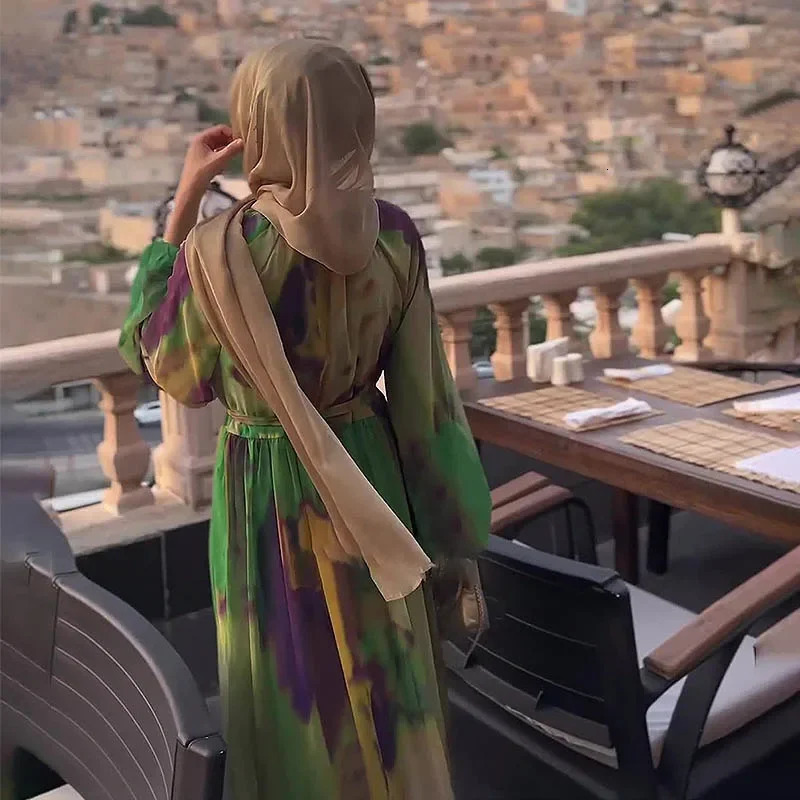 Modest Dubai Abaya Islam Ramadan Robe Femme Kaftan Formal Evening Maxi Dresses Muslim Fashion Women Chiffon Print Long Dress 240712