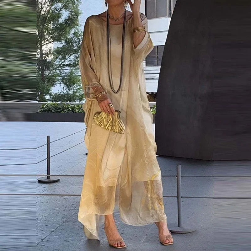 Elegant Marble Texture Print Commuting Dress Women Spring Round Neck Long Chiffon Dresses Summer Batwing Sleeve Loose Boho 240712