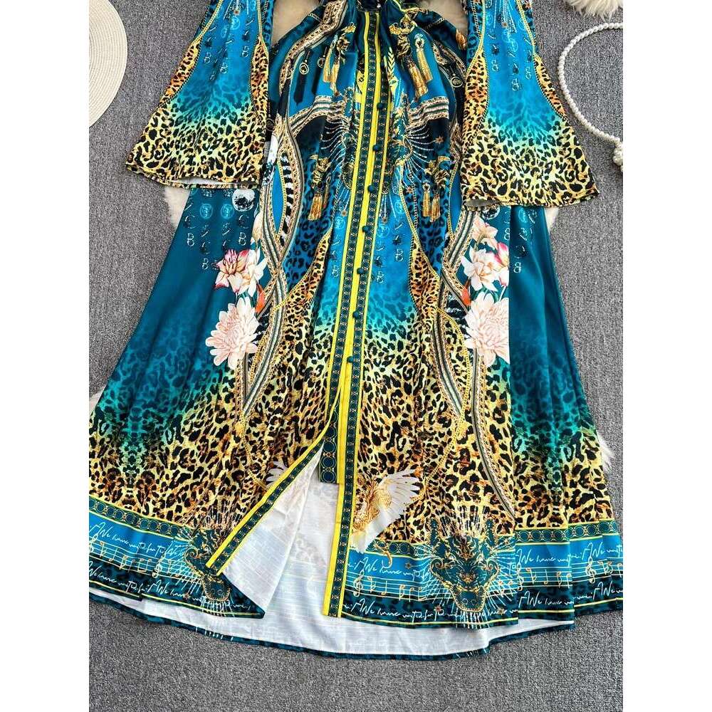 High End Temperament Speaker Sleeved V-neck Waistband Slimming Single Breasted A-line Printed Dress Elegant Long Skirt Short Temperament BOHO DRESS De