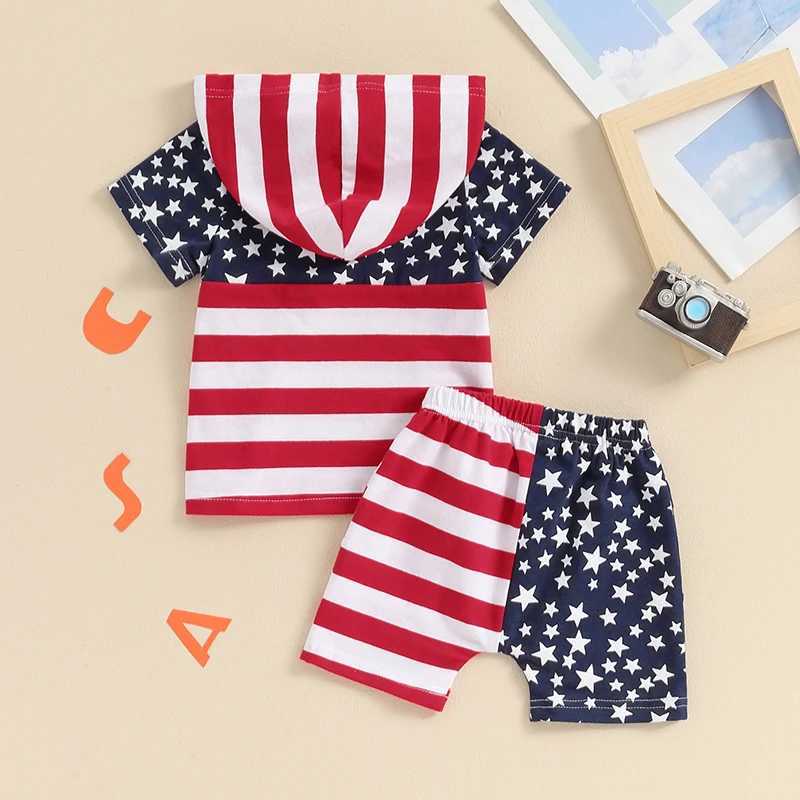 Clothing Sets 0-4Y Independence Day Baby Boy Summer Outfits Short Sleeve Stars and Stripes Print Hoodie T-shirt + Shorts Set Toddler Clothes