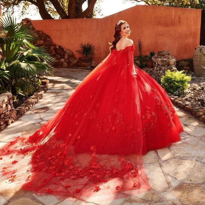 Red Shiny Ball Gown Quinceanera Dresses Off the Shoulder Lace Appliques 3D Flowers With Cape Corset Back Vestidos De 15 Anos