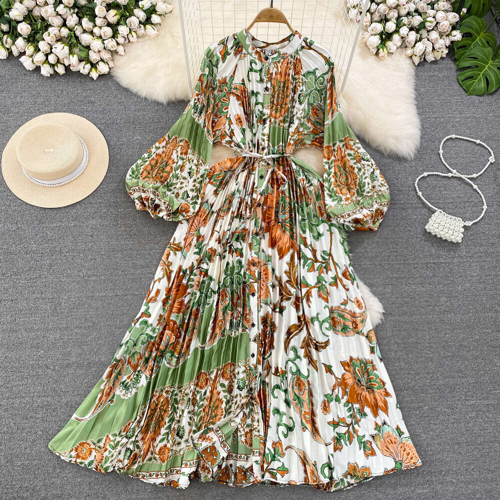High End Light Luxury Temperament Lantern Sleeved Round Neck with Waistband for Slimming Effect, Single Breasted Printed Dress, Elegant Long Skirt