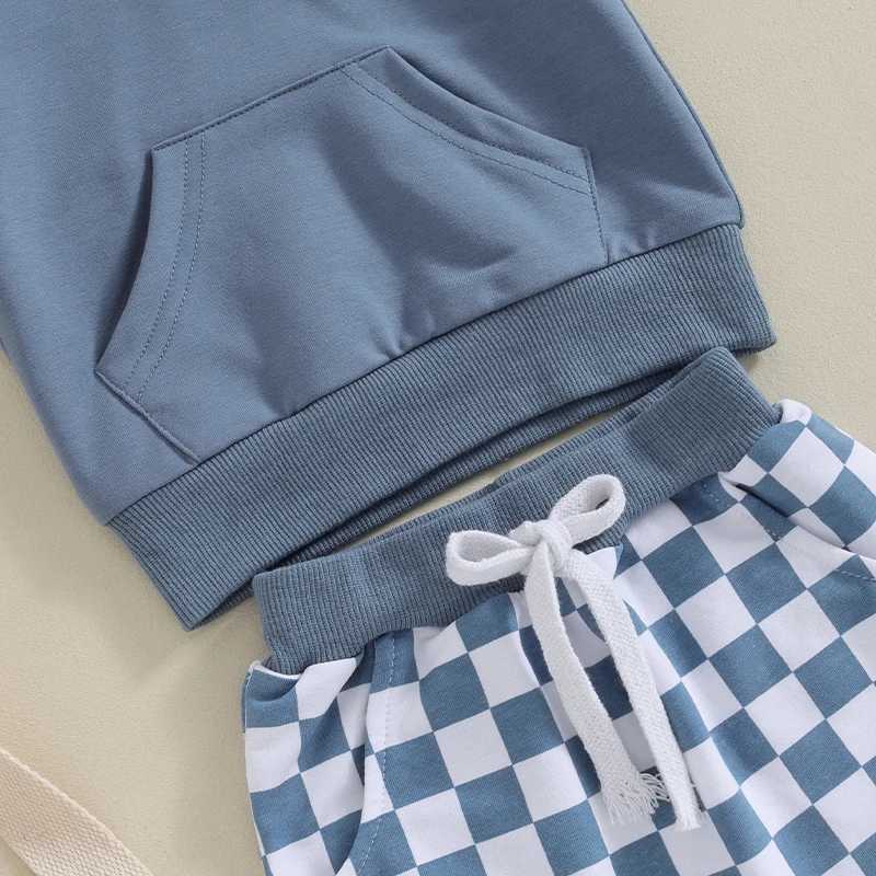 Clothing Sets Toddler Boys Summer Outfits Solid Color Hooded Short Sleeve T-Shirts Tops and Checkerboard Elastic Waist Shorts 2Pcs Clothes Set