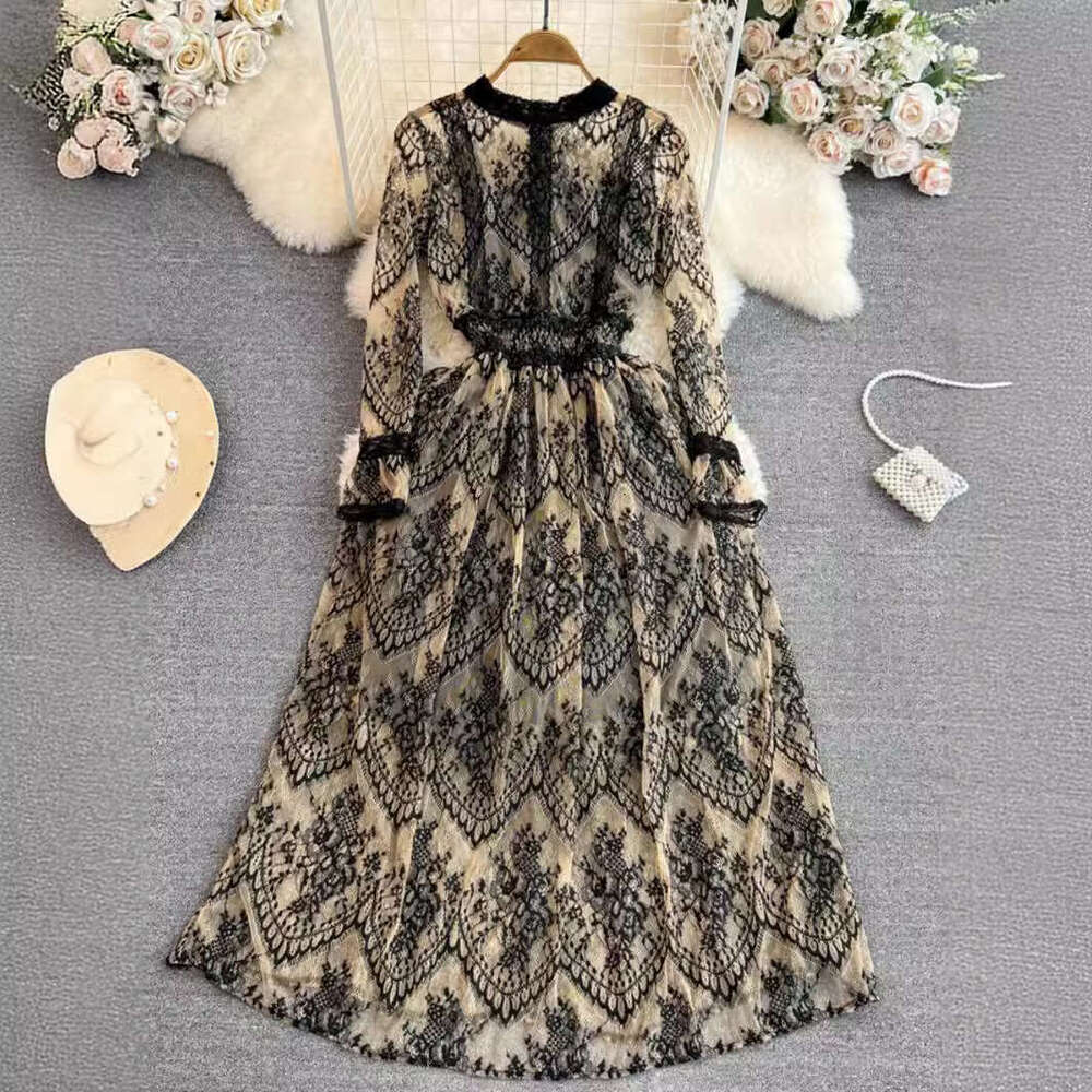 Spring Autumn Elegant Long Sleeved Stand Up Neck with Waist and Slim A-line Lace Dress Sexy Dress Bifurcated Short Self-cultivation Round Neck Dress