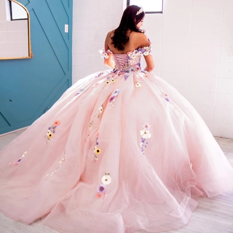 Sparkly Pink Quinceanera Dresses XV Ball Gown Lace Applique Flower Off the Shoulder Princess Sweet 16 Dress Birthday Party Vesti