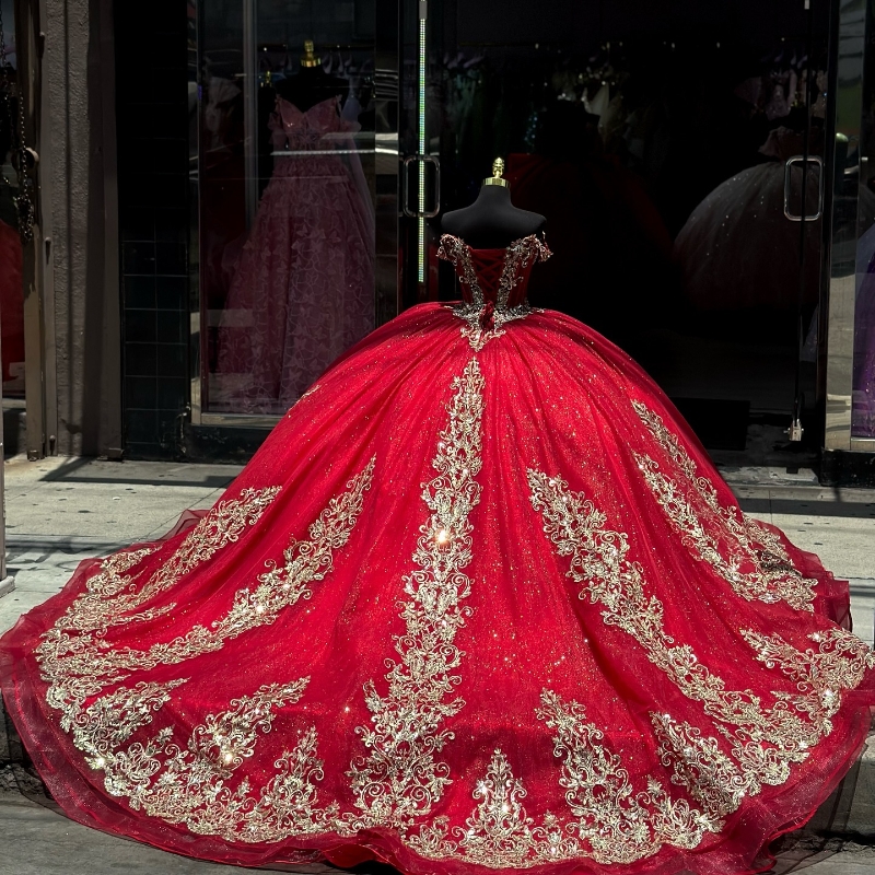 Red Shiny Dresses 2024 Gold Lace Appliqued Crystal Off the Shoulder Ball Gown Sweet 16 Vestidos 15 De Quinceanera