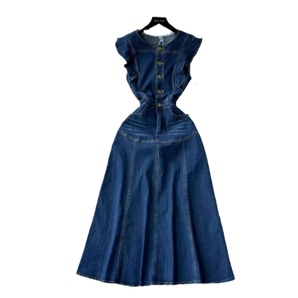 French Hepburn Style Denim Dress, Summer Waist Down, Slimming Temperament, Niche Design, Unique Long Skirt Chiffon Floral Dress Novelty Loose Silk Dre