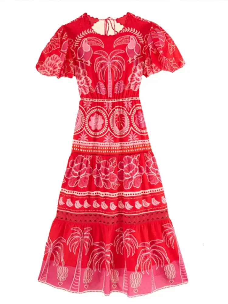 Fashion Red Print Puff Sleeve Lace Up Women Dress Elegant Vintage Casual O Neck Dresses Summer Female Chic High Street Robe 240715