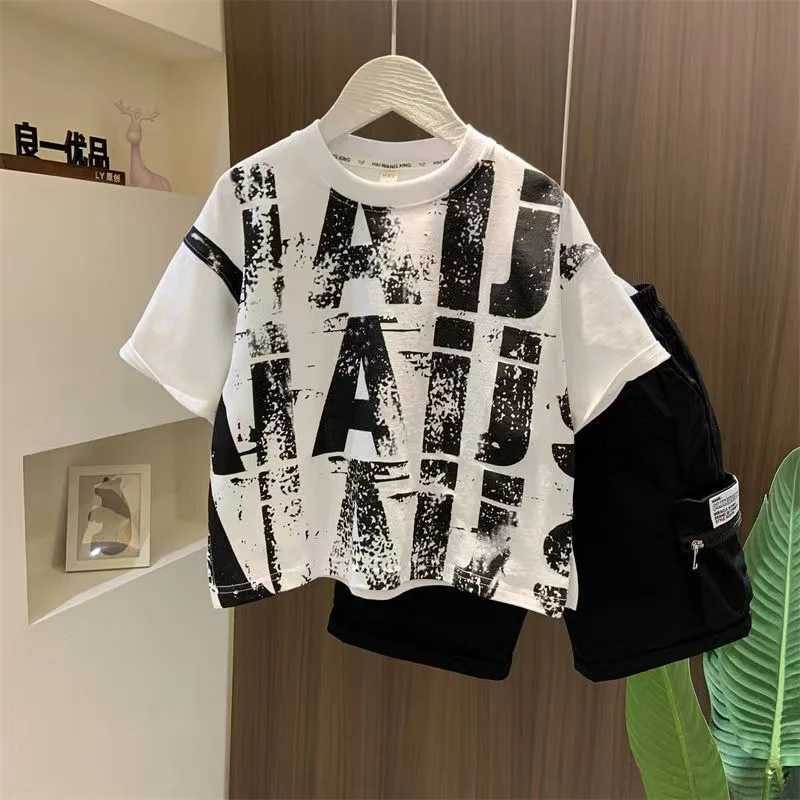 Clothing Sets Boys Summer Clothing Set With Handsome Letters for Big Boys 2-piece 2024 New Childrens Thin Two-piece Set