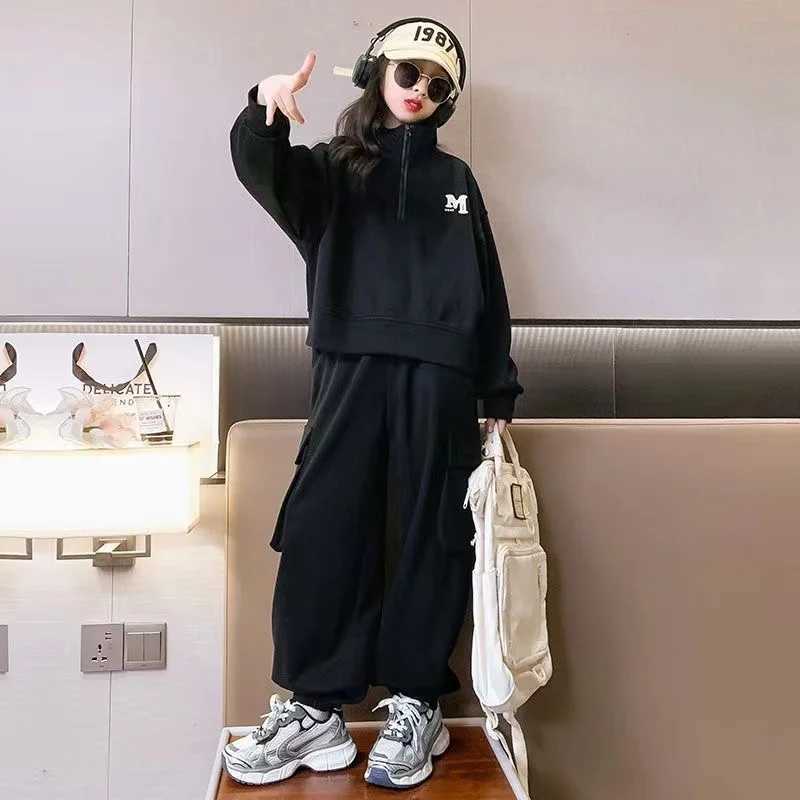Clothing Sets Girls Spring Autumn 2pcs Stand Collor Zipper Pullover Sweatshirts+Cargo Pants Suits 4-14 Years Teenage Kids Fashion Clothes Sets
