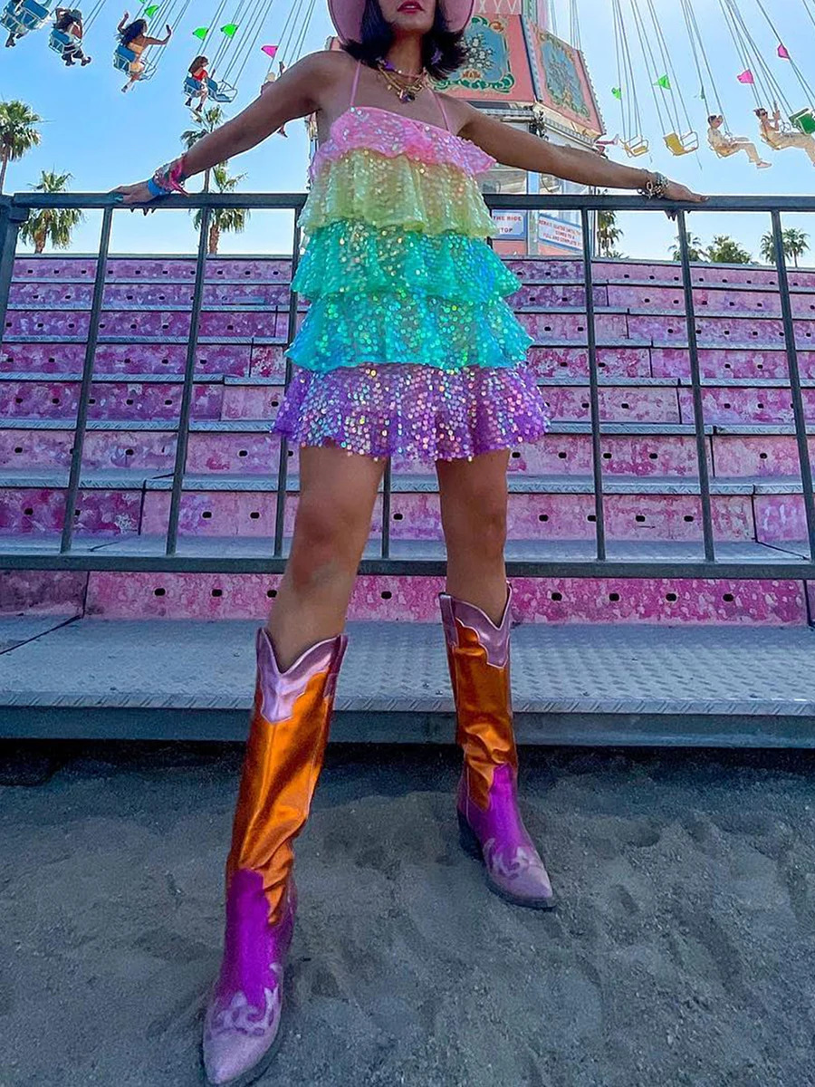 wsevypo Colorful Shiny Sequins Layered Ruffles Dress Summer Street Style Women Spaghetti Strap Party Club Mini Tiered Dress 240716