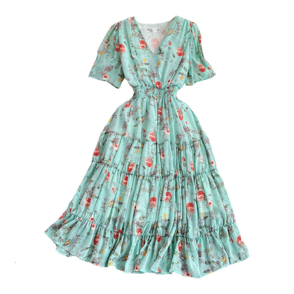 2023 Summer New V-neck Romantic Fragmented Flower A-line and Elegant Style, Slim Waist, Large Swing Long Dress Temperament Novelty Loose Short High Wa