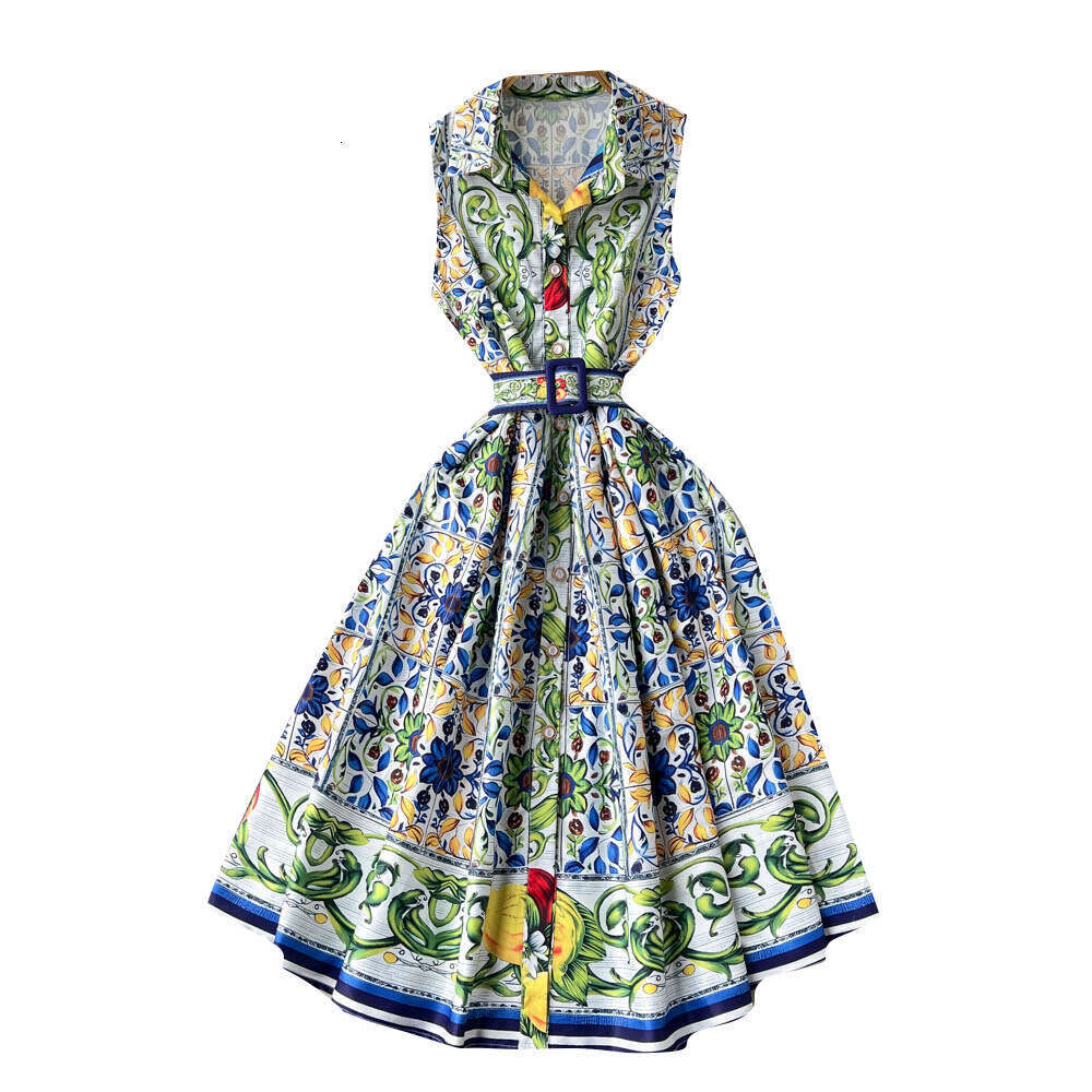 New Palace Style Sleeveless Lapel for Spring Summer, Slim Waist and Stylish Printed Mid Length Dress, Trendy Short Self-cultivation Temperament Silk D