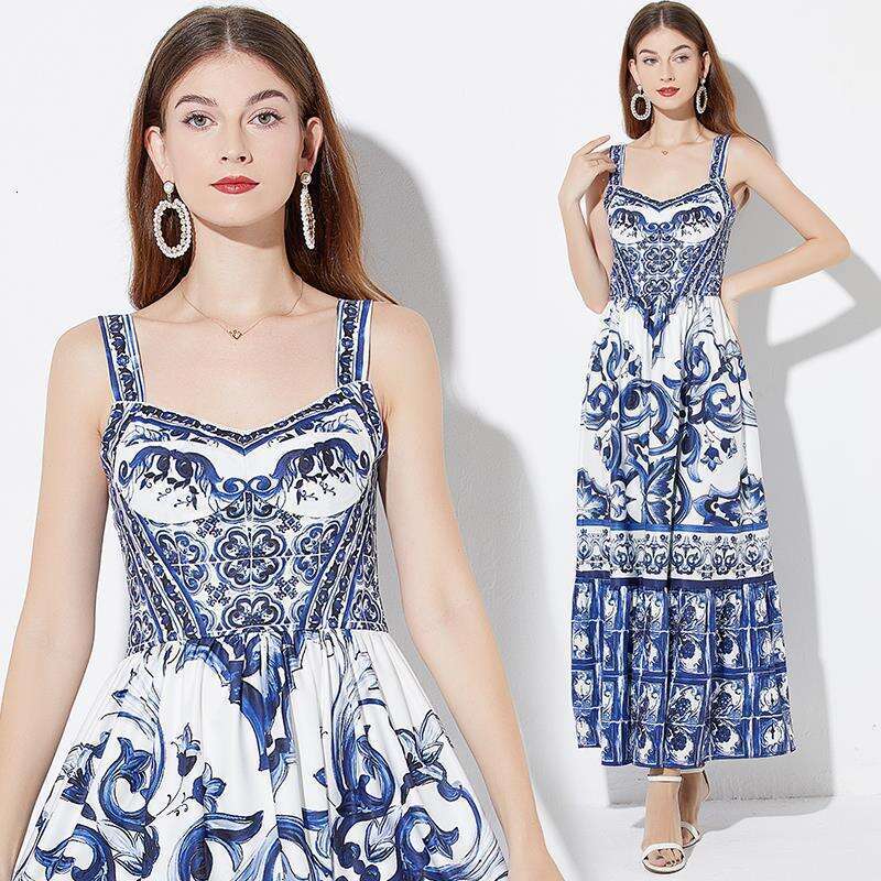 Vacation Style Blue and White Porcelain Beautiful Camisole Long 2023 Summer New Waistband Pressed Pleated Commuting Printed Dress Novelty Short Denim 