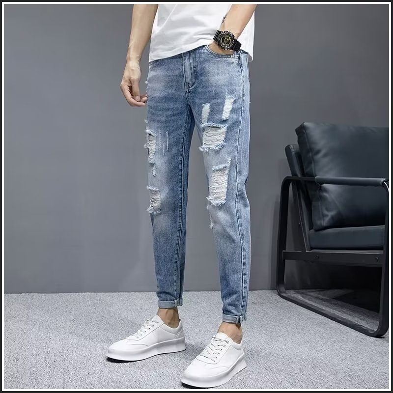 Korea Summer Korean men's jeans ripped fashion slim Jeans Men's Slim Fit boys' skinny pants COD