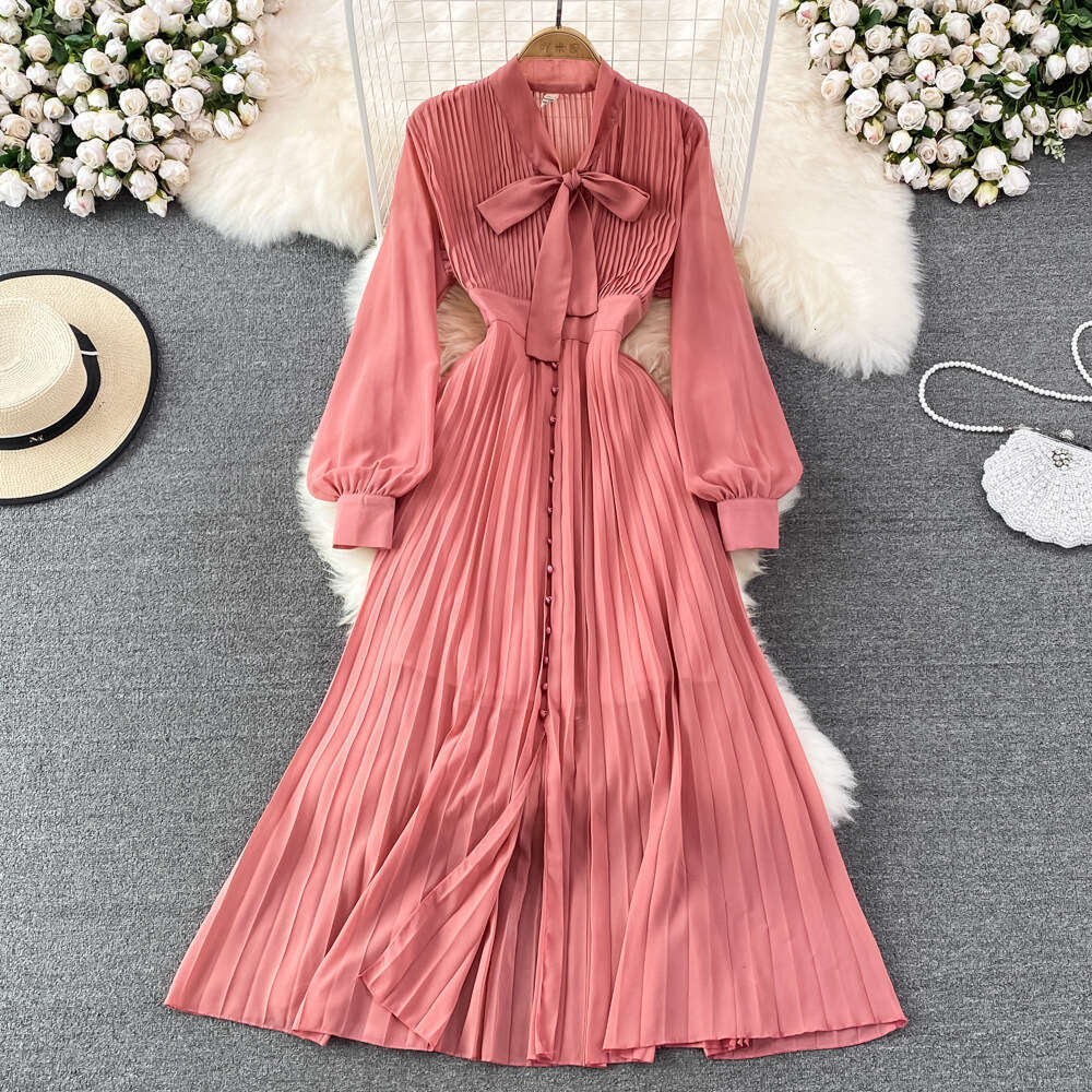 Light Luxury Temperament Bow Tie V-neck Waist Single Breasted A-line Pleated Dress Elegant Large Hem Long Skirt Self-cultivation Oversize Dress High W