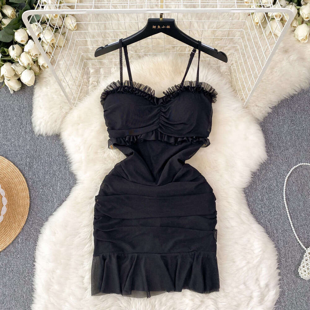 Wind Camisole Dress, Sexy and Feminine, Mesh Wrapped Buttocks Skirt, Pure Desire, Spicy Girl Slim Fit, Ruffled Edge Short Skirt Round Neck Dress Overs