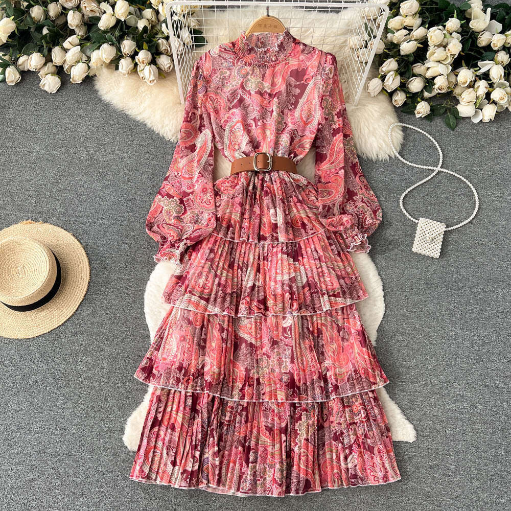 Standing Collar Mesh Sleeved Ruffled Edge Printed Waistband Fluffy Large Hem Dress for Womens Spring and Autumn Lantern Sleeves Cake Long Skirt Oversi