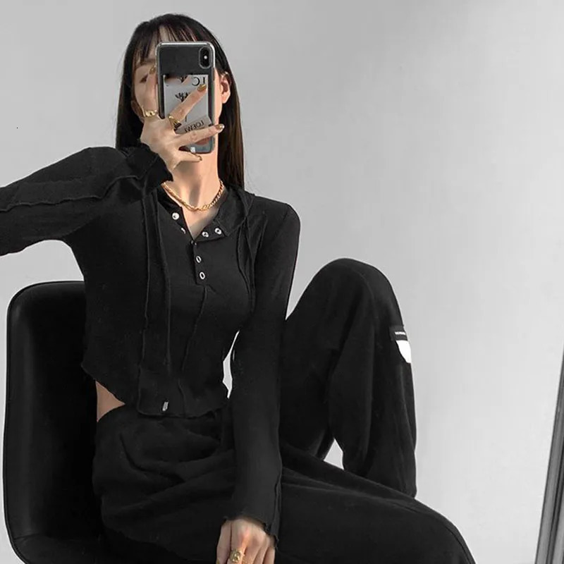 Rimocy Hooded Button Up Crop Top Women Autumn Winter Slim Fit Long Sleeve Y2K Top Woman Streetwear Wild Elastic T-Shirt Female 240716