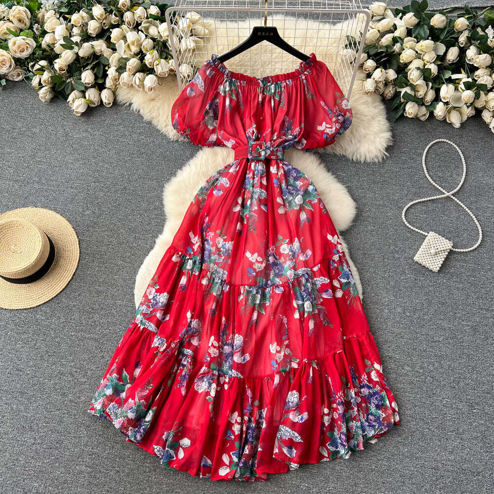 French One Shoulder Fragmented Flower Dress Womens Summer New Elegant and Stylish Slim Bubble Sleeves Super Immortal Chiffon Bifurcated BOHO DRESS