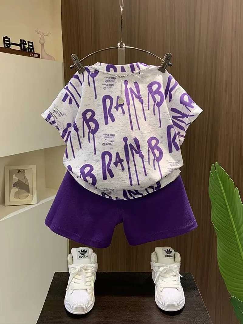 Clothing Sets Boys Summer Short Sleeves Handsome Set New Childrens Letter Full Print T-shirt Baby Summer Short Sleeves Two Piece Set Thin