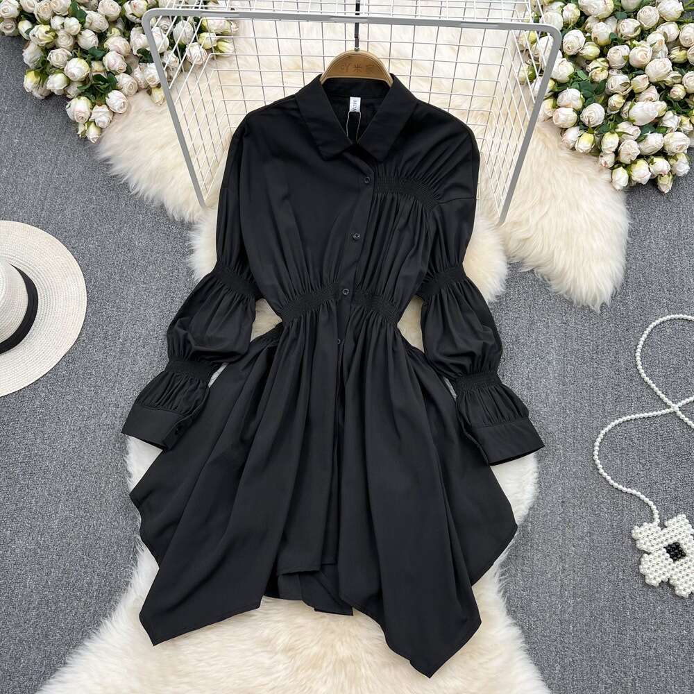 Hong Kong Style Single Breasted POLO Collar Slimming Shirt Skirt Spring High Waisted Long Sleeved Loose A-line Dress Temperament Silk Dress Round Neck