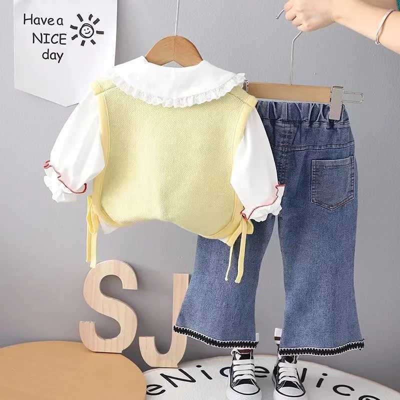 Clothing Sets Girls Spring and Autumn Season Set 2024 New Fashionable Girl Baby Korean Sweater Vest Three Piece Set Kids Outfits