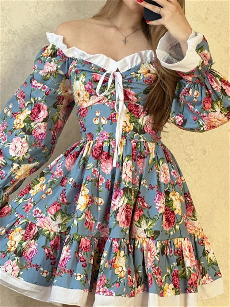 Tossy Ruffled Printed LaceUp Mini Dress Womens VNeck Patchwork High Waist Bandage Fashion Backless Ladies Summer 240712