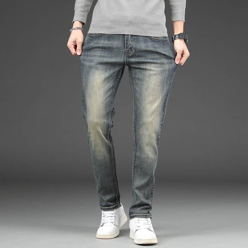 2023 new high-end jeans autumn and winter small straight leg men's elastic denim pants sub trend