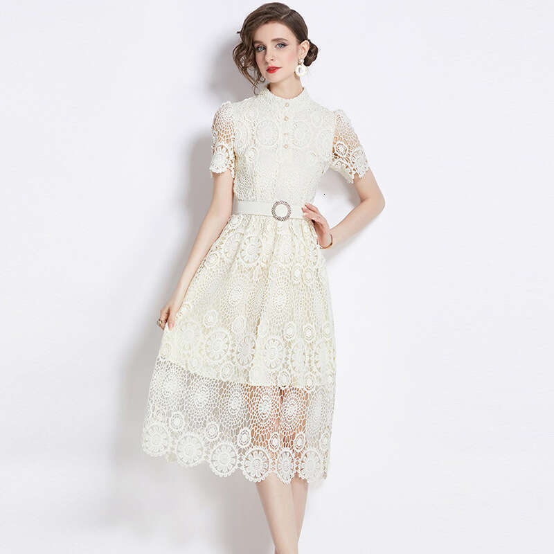 French Style Temperament Summer Female Niche, Water-soluble Lace Slim Fit Long Short Sleeved Dress, Can Be Worn on Weekdays Short Loose Lace Dress BOH