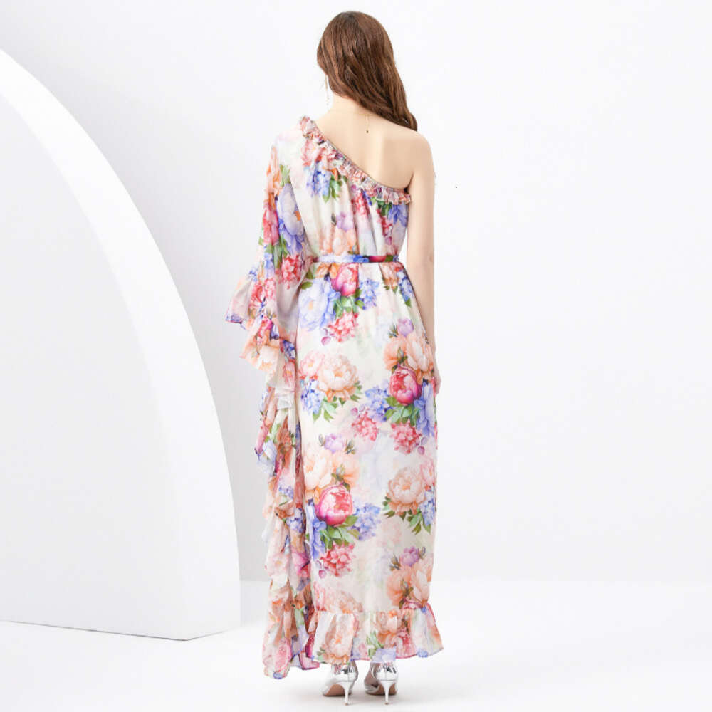 Spring/summer 2024- Vacation Style One Shoulder Wooden Ear Strap Long Wide Swing Printed Dress Novelty Loose Temperament Bifurcated Round Neck Dress B