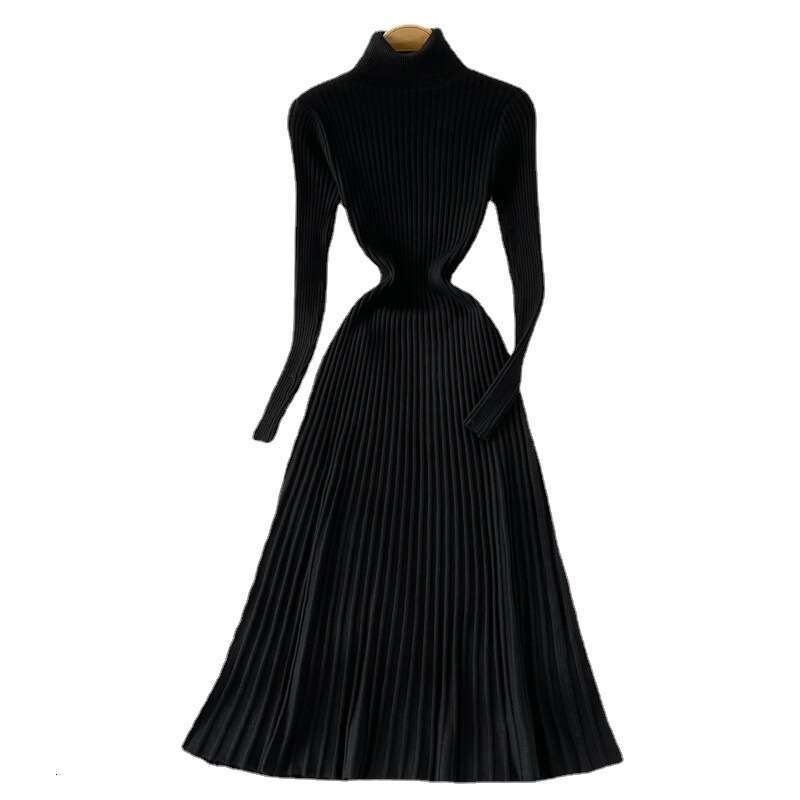 Underlay Coat with Pleated Long Fit and Slim Fit, Half High Collar, Knee Length Sweater Skirt, Knitted Dress Short Self-cultivation BOHO DRESS