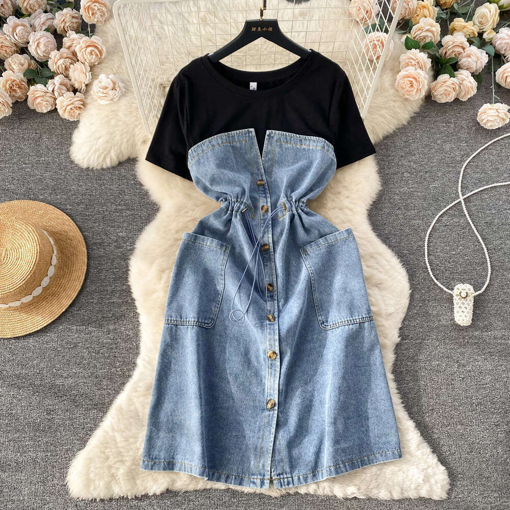Korean Version of Emperamen and Age Reducing Vacaion Wo-piece Dress for Womens French High-end Round Neck Shor Sleeved Pachwork Waisband Denim Long
