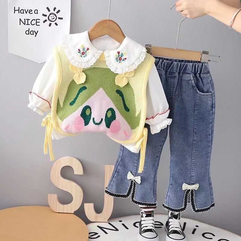 Clothing Sets Girls Spring and Autumn Season Set 2024 New Fashionable Girl Baby Korean Sweater Vest Three Piece Set Kids Outfits