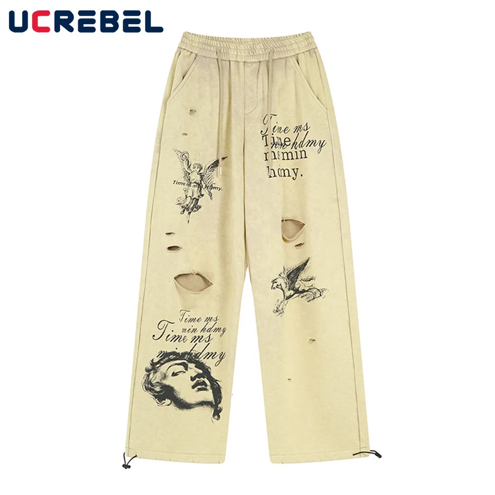 Angel Print Wide Leg Pants Mens Ripped Retro High Street Elastic Waist Loose Sweatpants Men Trousers 240708