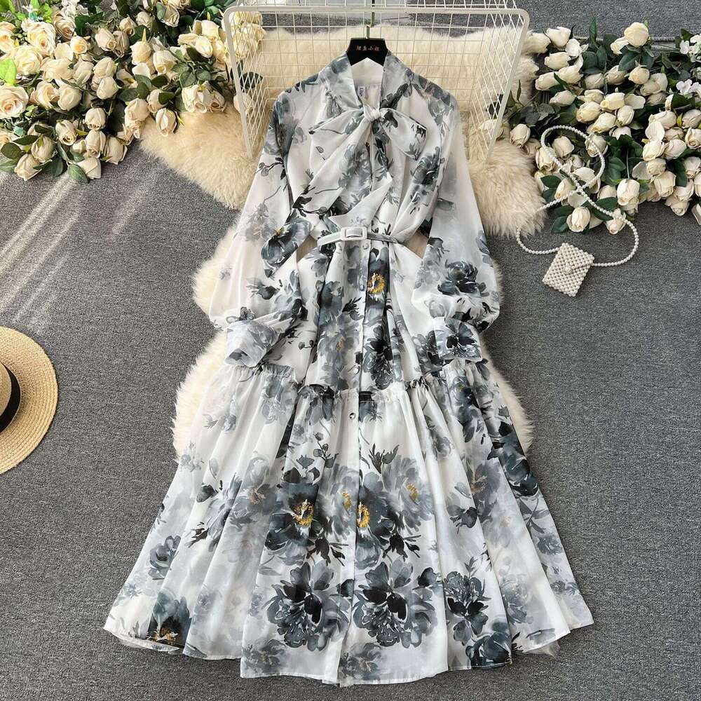 2024 Early Spring New French Bow Neck with Waist Closure for Slimming Mid Length Printed Style Dress Sexy Waist Temperament Self-cultivation Denim Dre