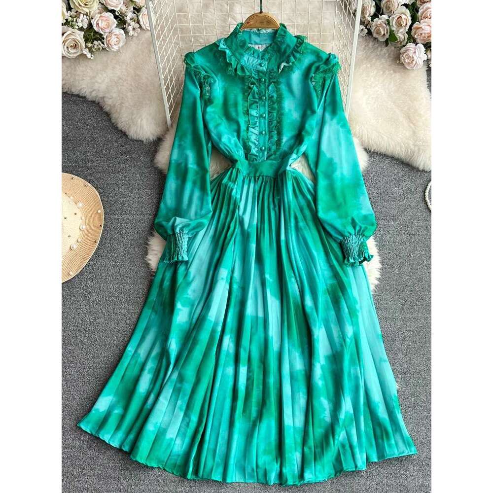 High End Lantern Long Sleeved Stand Up Collar with Ruffled Edges That Wrap Around the Waist for A Slimming Effect. A-line Halo Dye Printed Pleated Dre