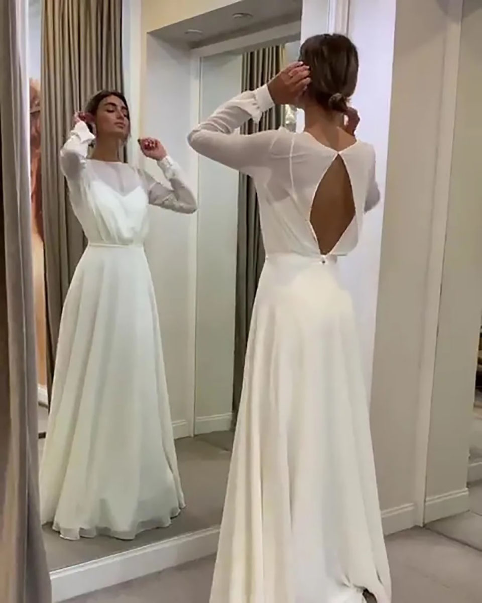 White Wedding Dresses Ivory Bridal Gowns Formal A Line Bateau Long Sleeve NONE Train Chiffon Custom Zipper Plus Size New
