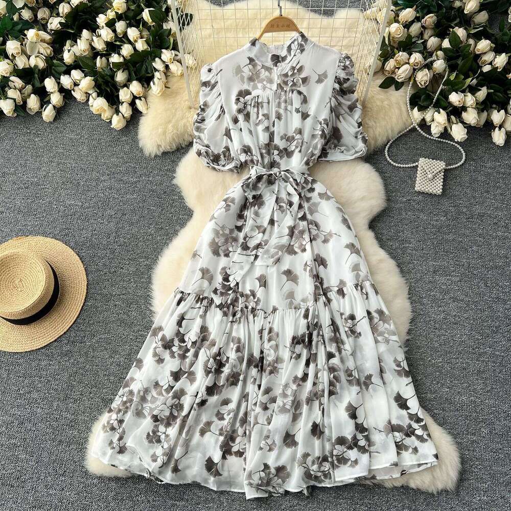 Summer Design Feeling Pleated Bubble Sleeve Dress Women with Waist Cinching Strap for Slimming Temperament, Ruffle Edge Printed Chiffon Skirt Oversize